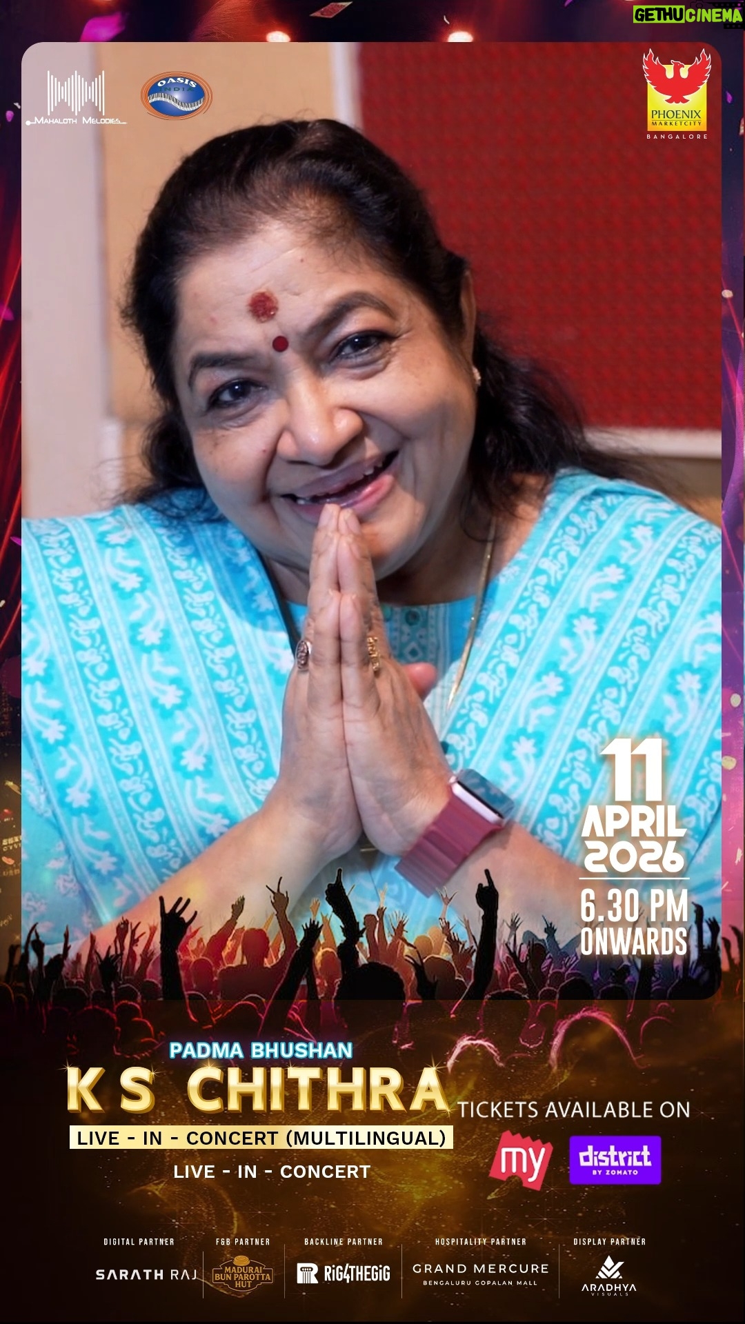 K. S. Chithra - 5.4K Likes - Padma Bhushan KS Chithra Live in Concert – Bengaluru! Get ready for timeless melodies on Sat, 11 Apr 2026, 6:30 PM at Phoenix Marketcity.

Starring KK Nishad, Anamika Premjismitha, Disha Prakash, Veda Mithra & Sathyaprakash!

Book now:
https://in.bookmyshow.com/events/ks-chithra-live-in-bangalore-phoenix-marketcity/ET00471943
https://www.district.in/events/ks-chithra-live-in-bangalore-phoenix-marketcity-apr11-2026-buy-tickets

@kschithra @kknishadofficial @anamikapremjismitha @dishaprakash_official @veda_mithra @dsathyaprakash

#KSChithraLive #BangaloreConcert #PhoenixMarketcity #KannadaMusic #BengaluruEvents