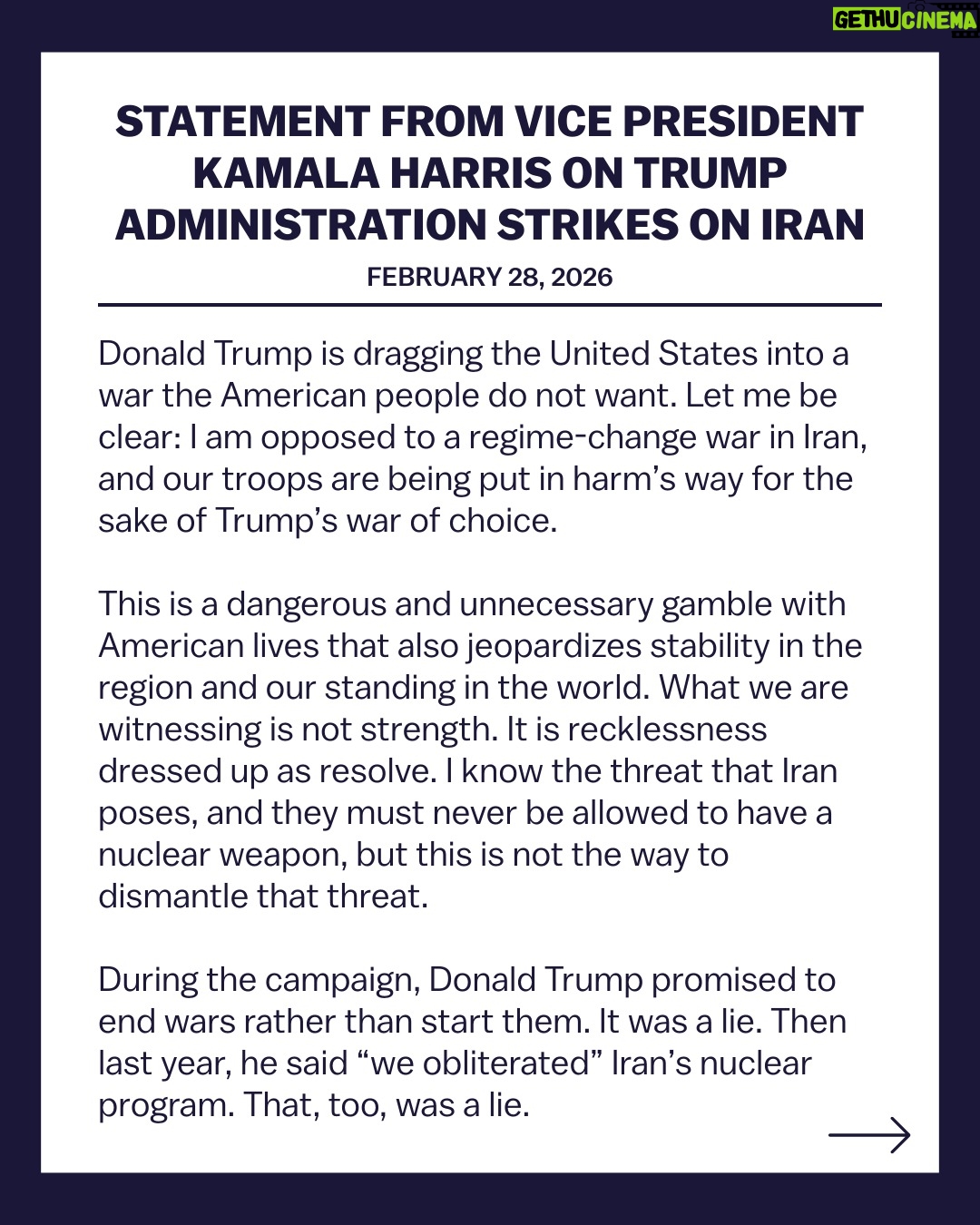 Kamala Harris - 1 Million Likes - Donald Trump is dragging the United States into a war the American people do not want. Let me be clear: I am opposed to a regime-change war in Iran, and our troops are being put in harm’s way for the sake of Trump’s war of choice.

Read my full statement.