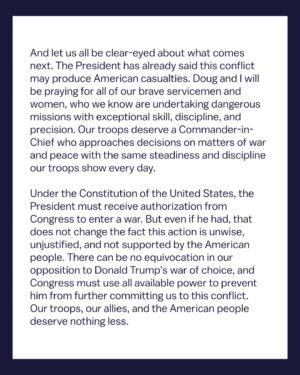 Kamala Harris Instagram - Donald Trump is dragging the United States into a war the American people do not want. Let me be clear: I am opposed to a regime-change war in Iran, and our troops are being put in harm’s way for the sake of Trump’s war of choice.

Read my full statement.