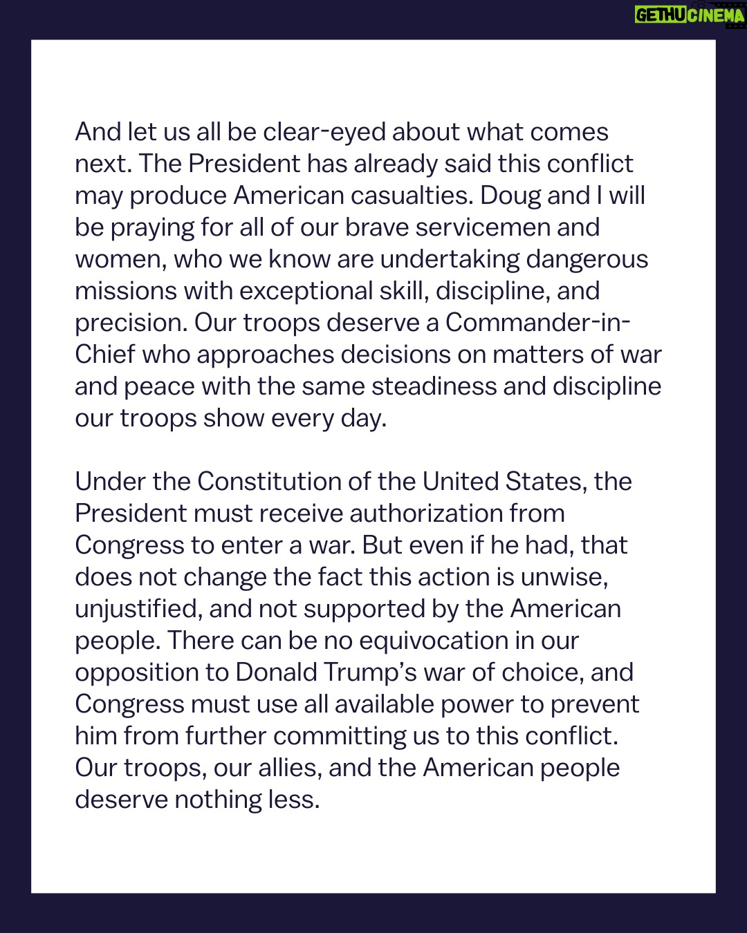 Kamala Harris - 1 Million Likes - Donald Trump is dragging the United States into a war the American people do not want. Let me be clear: I am opposed to a regime-change war in Iran, and our troops are being put in harm’s way for the sake of Trump’s war of choice.

Read my full statement.