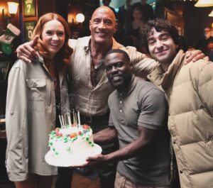 Karen Gillan Instagram - I’ve seen many a birthday with these guys over the years. I love my Jumanji family and how Kevin is willing to hold a cake even though cake makes him explode. 

Jack is missing here but he was there spirit. Get ready for this next movie ‘cause it’s gonna be hilarious!! 
#jumanji