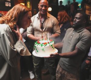 Karen Gillan Instagram - I’ve seen many a birthday with these guys over the years. I love my Jumanji family and how Kevin is willing to hold a cake even though cake makes him explode. 

Jack is missing here but he was there spirit. Get ready for this next movie ‘cause it’s gonna be hilarious!! 
#jumanji