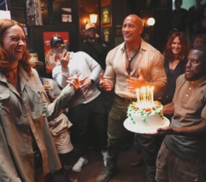 Karen Gillan Instagram - I’ve seen many a birthday with these guys over the years. I love my Jumanji family and how Kevin is willing to hold a cake even though cake makes him explode. 

Jack is missing here but he was there spirit. Get ready for this next movie ‘cause it’s gonna be hilarious!! 
#jumanji