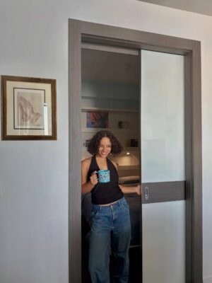 Kiana Madeira Instagram - We are absolutely obsessed with our new sliding door from @triodoors 😍

We wanted the den in our condo to feel like guests have their own private space, while also having the option to leave it open when the murphy bed is up and the den is operating more like an office space. 

The dimensions of the door frame are VERY specific and unique, so we were really struggling with finding a solution. Just as we were about to say forget it and order a curtain and rod from amazon…. we connected with Trio Doors! 🙊 

From the moment we walked into their Toronto showroom, we knew we were in the right hands. We customized everything- the system, the colour, the material, the handle, literally every detail! Not to mention the customer service and communication was truly unmatched- the kindest team ♥️

It is absolutely perfect and more than we could have imagined 🥹✨