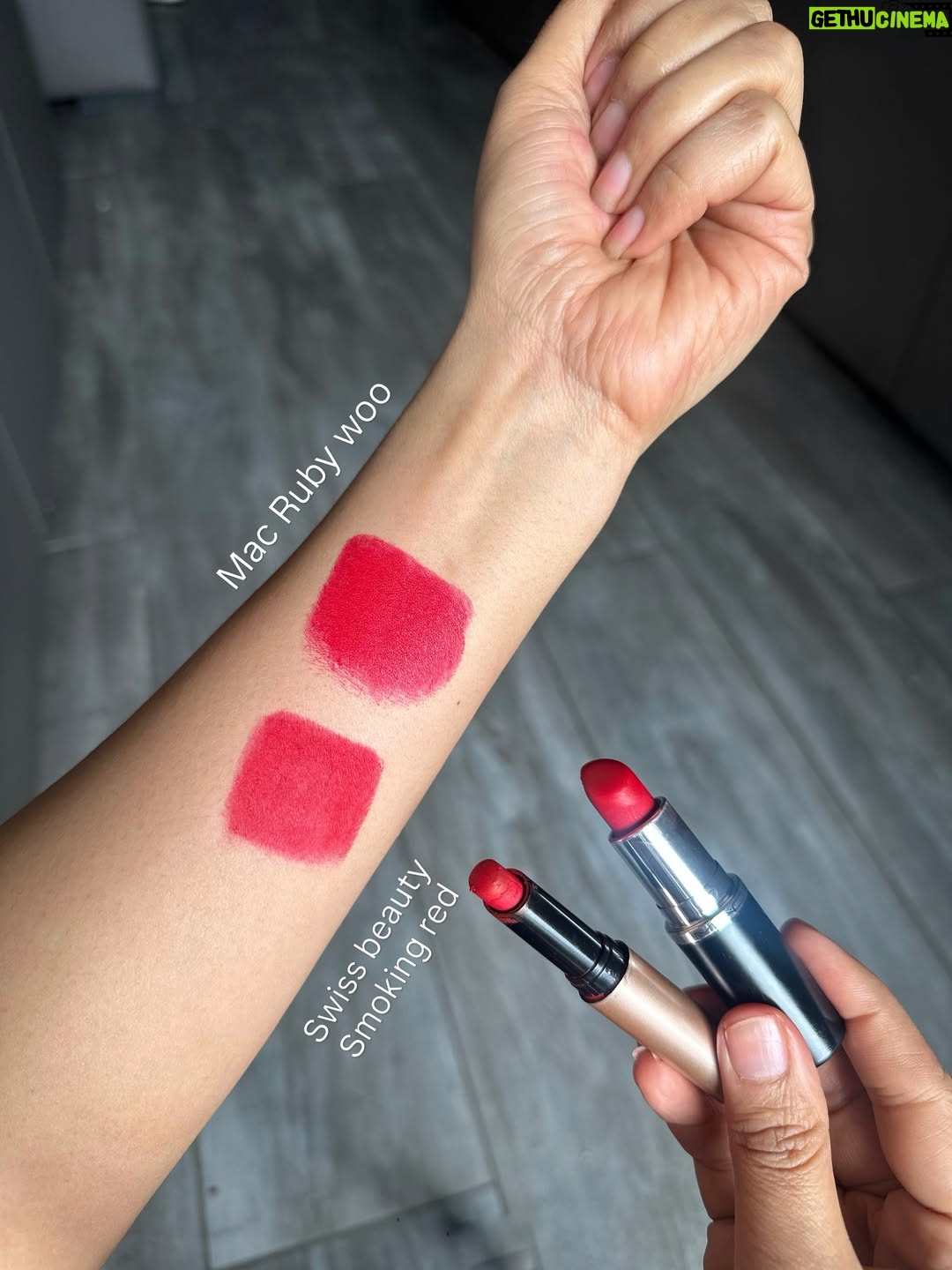 Kiwi Tandon - 2.6K Likes - Dupes are great options for those who don’t want to spend a big amount on a particular shade. Of course, there will always be a difference in the formulation, but sometimes the shade match is surprisingly close.

	1.	MAC Velvet Teddy / Parul Garg Beauty Stunner
The main difference here is the formula. Parul Garg Stunner is a soft matte and transfer-proof, while MAC Velvet Teddy is a semi-matte formula and not 100% transfer-proof.

	2.	MAC Burning Love / Swiss Beauty Wine Room
Both shades look identical. MAC has a velvety matte texture and isn’t transfer-proof, while the Swiss Beauty one has a creamy formula and is also not transfer-proof.

	3.	MAC Ruby Woo / Swiss Beauty Smoking Red
Swiss Beauty Smoking Red is matte and transfer-proof but lasts around 3–4 hours. MAC Ruby Woo has a semi-matte, slightly creamier formula and is not fully transfer-proof.

	4.	MAC Mehr / LoveChild by Masaba Meetha
Both are creamy formulas and not transfer-proof, but the shades are extremely beautiful.

	5.	MAC Taupe / Nykaa Cosmetics You’re Latte
Both are creamy, not transfer-proof, and such beautiful everyday brown shades.

	6.	MAC Iconic Photo / Kay Beauty Unmasked
Kay Beauty is matte in texture and transfer-proof, while MAC has a satin finish and isn’t transfer-proof.

( lipstick dupes, high end dupes, makeup dupes, highend lipstick dupes, highenddupes ,luxurydupes , macdupes ,luxury dupes , affordable lipsticks, , dupes of makeup, mac dupes)
#makeupdupes #lipstickdupe #luxurydupes #macdupe #highenddupes
