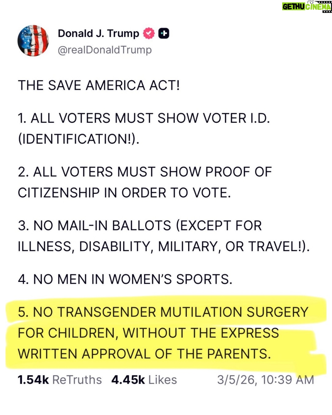 Marjorie Taylor Greene - 32.8K Likes - #5???!!!! “Without the express written approval of the parents”

Trump now supports trans gender mutilation surgeries of children if their parents want it!!!!!
The House passed my bill Protect Children’s Innocence Act that makes it a felony to trans any child under 18 even if their parents are supporting or pushing it on their own children. My bill was a reflection of Trump’s own executive order banning child trans surgeries and so called gender affirming care.
Now Trump is reversing his stance???!!!
What is wrong with him???

To do this to a child is absolutely disgusting, wrong, and a complete perversion of God’s creation AND NOW THE PRESIDENT SAYS ITS OK AS LONG AS THESE SICK PARENTS AGREE!!!

Children must be protected and allowed to grow up before they make permanent changes to their body that they may regret. Nine out of 10 children who are questioning their gender grow out of it once they become adults.

I’m done.
He’s crossed all my lines.