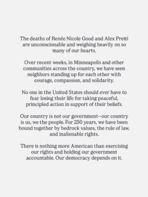 Melinda Gates Instagram - The deaths of Renée Nicole Good and Alex Pretti are unconscionable and weighing heavily on so many of our hearts.
 
Over recent weeks, in Minneapolis and other communities across the country, we have seen neighbors standing up for each other with courage, compassion, and solidarity.
 
No one in the United States should ever have to fear losing their life for taking peaceful, principled action in support of their beliefs.
 
Our country is not our government—our country is us, we the people. For 250 years, we have been bound together by bedrock values, the rule of law, and inalienable rights.
 
There is nothing more American than exercising our rights and holding our government accountable. Our democracy depends on it.