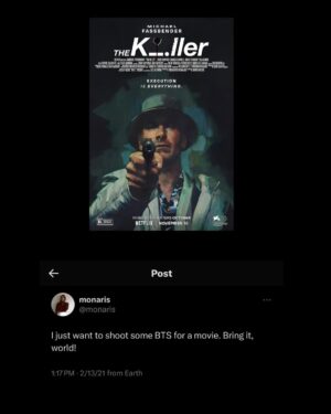 Monaris Instagram - The Killer x David Fincher // Thrilled to unveil one of the most defining moments in my career: capturing stills for David Fincher's new cinematic masterpiece, ‘THE KILLER,’ now streaming on @netflix. It's surreal even as I write this—working with one of the greatest directors of all time alongside talents like Michael Fassbender and Erik Messerschmidt. Collaborating with the incredible crew, including the lovely Ceán Chaffin, etched an unforgettable chapter in my journey. This experience reinforces the power of manifesting dreams—a reminder that sometimes, they do come true. 🩵

P.S. I also have a little cameo in the film at minute 47:10. 😅