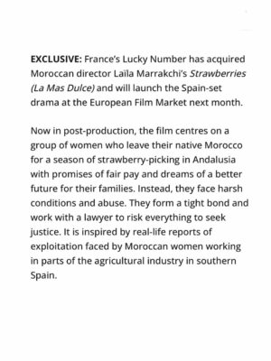 Nisrin Erradi Instagram - STRAWBERRIES, the upcoming project directed by Laila Marrakchi, will be part of the European Film Market in Berlin.
At Fasten Films, we’re glad to be involved in this story alongside @montfleuriproduction , Lumen and Mirage Films. 🍓