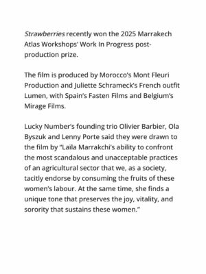 Nisrin Erradi Instagram - STRAWBERRIES, the upcoming project directed by Laila Marrakchi, will be part of the European Film Market in Berlin.
At Fasten Films, we’re glad to be involved in this story alongside @montfleuriproduction , Lumen and Mirage Films. 🍓