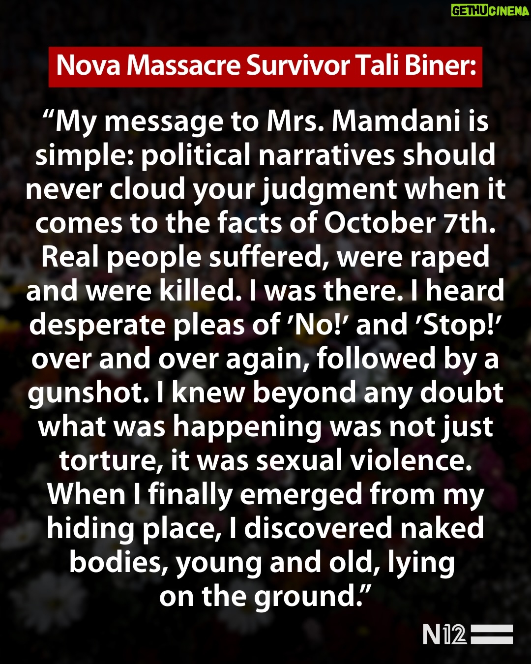 Noa Tishby - 65.4K Likes - .
Tali Biner, A survivor and witness to the atrocities of the Oct. 7, 2023 Hamas massacre in Israel delivered a blistering broadside to Mayor Zohran Mamdani’s wife after she “liked” a social media post claiming the rapes of Israelis during the terror rampage were a “mass hoax.”

רמה דוואג'י, אשתו של ראש עיריית ניו יורק, עשתה לייק לפוסט אנטי-ישראלי המכחיש את האונס בטבח 7 באוקטובר. טלי בינר, שורדת הנובה, יצאה נגדה: "הדם שלי מבעבע, היא הופכת את האלימות המינית והעינויים לפוליטיים". 

בינר שיתפה: "המחבלים חיללו גופות ופגעו מינית בנשים ובגברים, כואב לי שהיא מחלישה את ההגנה שנשים ראויות לה".

📸: AP