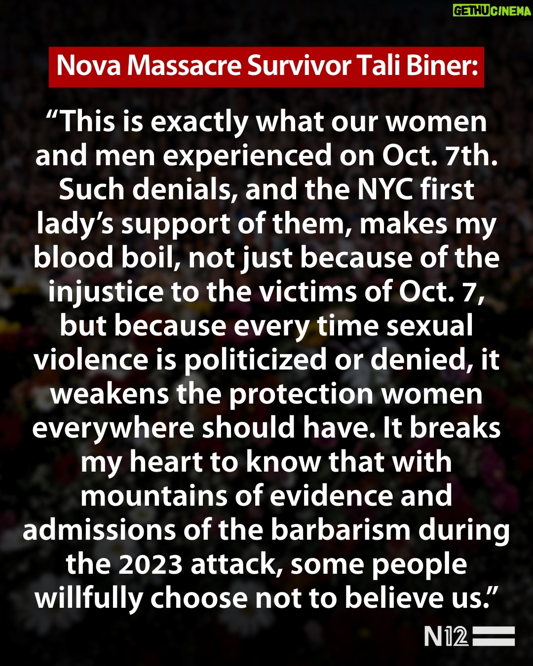 Noa Tishby - 65.4K Likes - .
Tali Biner, A survivor and witness to the atrocities of the Oct. 7, 2023 Hamas massacre in Israel delivered a blistering broadside to Mayor Zohran Mamdani’s wife after she “liked” a social media post claiming the rapes of Israelis during the terror rampage were a “mass hoax.”

רמה דוואג'י, אשתו של ראש עיריית ניו יורק, עשתה לייק לפוסט אנטי-ישראלי המכחיש את האונס בטבח 7 באוקטובר. טלי בינר, שורדת הנובה, יצאה נגדה: "הדם שלי מבעבע, היא הופכת את האלימות המינית והעינויים לפוליטיים". 

בינר שיתפה: "המחבלים חיללו גופות ופגעו מינית בנשים ובגברים, כואב לי שהיא מחלישה את ההגנה שנשים ראויות לה".

📸: AP