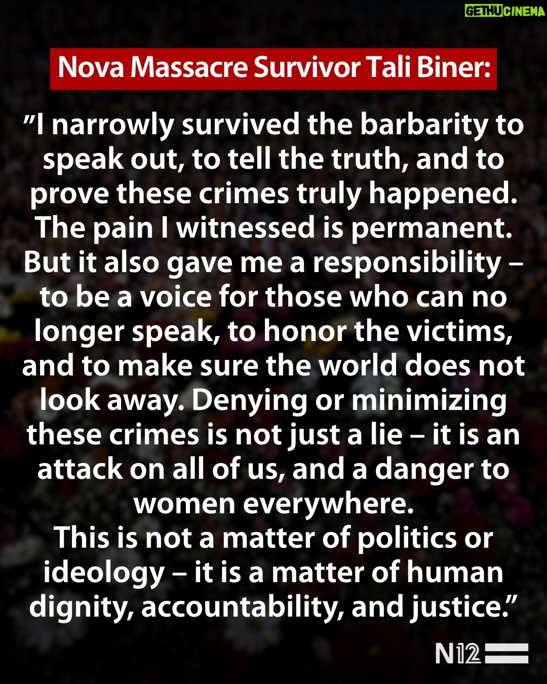 Noa Tishby - 65.4K Likes - .
Tali Biner, A survivor and witness to the atrocities of the Oct. 7, 2023 Hamas massacre in Israel delivered a blistering broadside to Mayor Zohran Mamdani’s wife after she “liked” a social media post claiming the rapes of Israelis during the terror rampage were a “mass hoax.”

רמה דוואג'י, אשתו של ראש עיריית ניו יורק, עשתה לייק לפוסט אנטי-ישראלי המכחיש את האונס בטבח 7 באוקטובר. טלי בינר, שורדת הנובה, יצאה נגדה: "הדם שלי מבעבע, היא הופכת את האלימות המינית והעינויים לפוליטיים". 

בינר שיתפה: "המחבלים חיללו גופות ופגעו מינית בנשים ובגברים, כואב לי שהיא מחלישה את ההגנה שנשים ראויות לה".

📸: AP