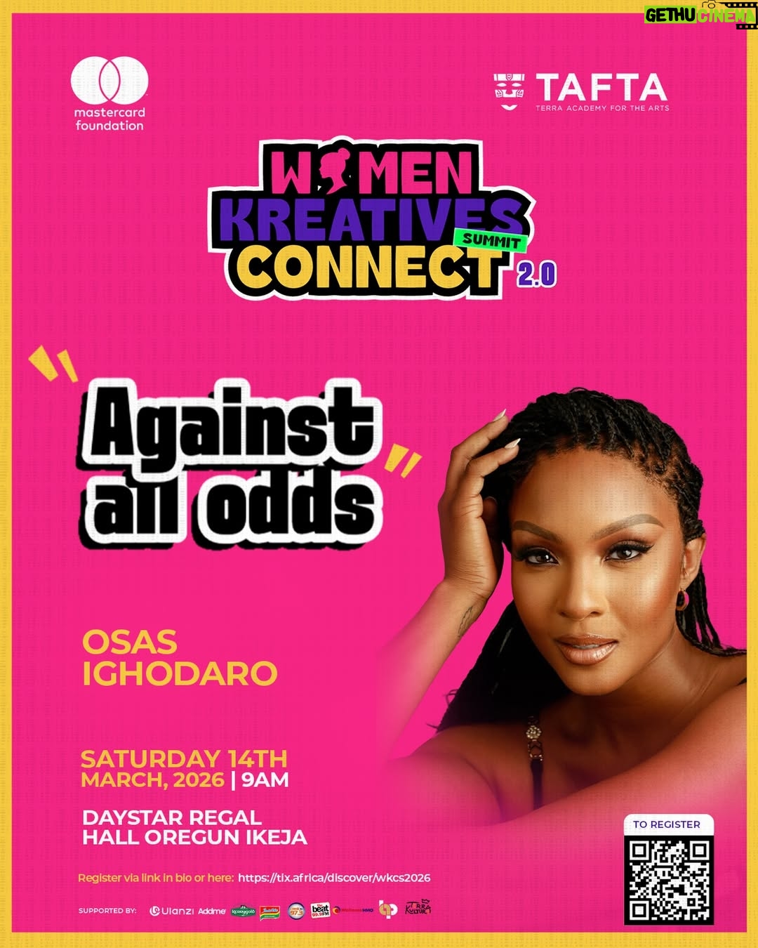 Osas Ighodaro - 216 Likes - What does it take to succeed against all odds?

Join award-winning actress, producer, and entrepreneur Osas Ighodaro(@officialosas) at Women Kreatives Connect Summit 2.0 as she shares powerful insights from her journey in the creative industry.

If you’re a woman in the creative space, this is a conversation you need to be in.

Date: March 14, 2026
Venue: Regal Hall, Daystar, Oregun, Ikeja
Time: 10:00 AM | Registration starts at 9:00 AM

Secure your seat now via the link in bio!✅

#WKCS2026 #TAFTA #AgainstAllOdss