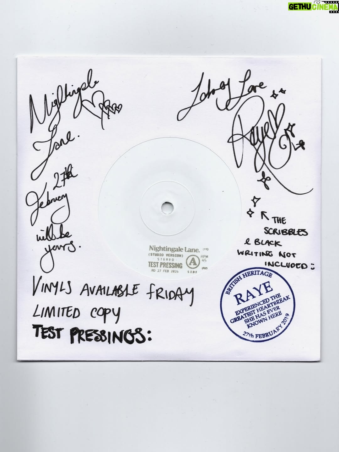 RAYE - 594.8K Likes - Nightingale Lane. The 2nd song from my 2nd album will be yours on Friday. Limited 7 inch test pressings £5 on sale Friday. Lots and lots of love, Raye.🎻🫀🌦️😭