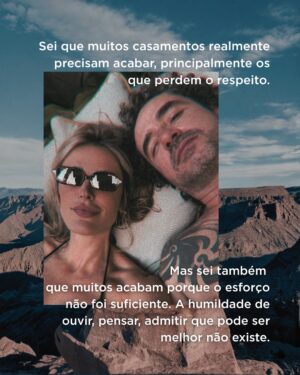Rafa Brites Instagram - Outro dia eu postei nos stories esse texto e muita gente veio falar comigo. Muitas mulheres, que se veem em momentos difíceis dentro do relacionamento e tem eu e o Felipe como exemplo.
Tem muita coisa que acontece por trás das fotos que vemos Instagram. No nosso caso, muita conversa, muito ajuste… muito “onde podemos melhorar?”
Mas a gente tem essa ideia que conversa difícil envolve crise, briga. Que falar que algumas coisas de repente não vão bem é colocar a relação em risco. 
Sim, as vezes é mais fácil, sair para jantar, tomar um vinho, jogar conversa fora e ignorar alguns incômodos. E vamos varrendo a poeira para baixo do tapete. Deixa para falar quando a situação já não se sustenta mais… e aí entrar para estatística é um pulo.
Mas digo que pensar na relação e entender como as coisas podem ficar melhores é UPGRADE… é manutenção. Concordam?