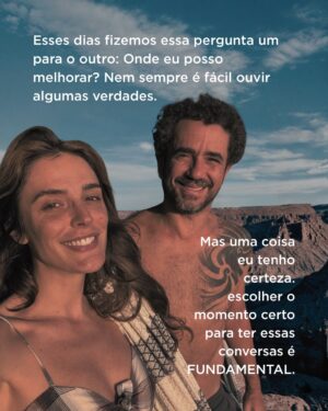 Rafa Brites Instagram - Outro dia eu postei nos stories esse texto e muita gente veio falar comigo. Muitas mulheres, que se veem em momentos difíceis dentro do relacionamento e tem eu e o Felipe como exemplo.
Tem muita coisa que acontece por trás das fotos que vemos Instagram. No nosso caso, muita conversa, muito ajuste… muito “onde podemos melhorar?”
Mas a gente tem essa ideia que conversa difícil envolve crise, briga. Que falar que algumas coisas de repente não vão bem é colocar a relação em risco. 
Sim, as vezes é mais fácil, sair para jantar, tomar um vinho, jogar conversa fora e ignorar alguns incômodos. E vamos varrendo a poeira para baixo do tapete. Deixa para falar quando a situação já não se sustenta mais… e aí entrar para estatística é um pulo.
Mas digo que pensar na relação e entender como as coisas podem ficar melhores é UPGRADE… é manutenção. Concordam?