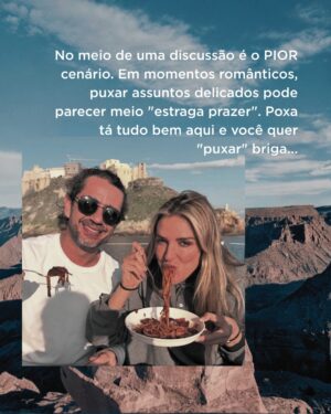 Rafa Brites Instagram - Outro dia eu postei nos stories esse texto e muita gente veio falar comigo. Muitas mulheres, que se veem em momentos difíceis dentro do relacionamento e tem eu e o Felipe como exemplo.
Tem muita coisa que acontece por trás das fotos que vemos Instagram. No nosso caso, muita conversa, muito ajuste… muito “onde podemos melhorar?”
Mas a gente tem essa ideia que conversa difícil envolve crise, briga. Que falar que algumas coisas de repente não vão bem é colocar a relação em risco. 
Sim, as vezes é mais fácil, sair para jantar, tomar um vinho, jogar conversa fora e ignorar alguns incômodos. E vamos varrendo a poeira para baixo do tapete. Deixa para falar quando a situação já não se sustenta mais… e aí entrar para estatística é um pulo.
Mas digo que pensar na relação e entender como as coisas podem ficar melhores é UPGRADE… é manutenção. Concordam?