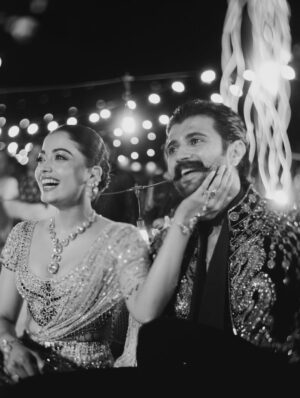 Rashmika Mandanna Instagram - The night filled with love, tears of joy, laughter, music, singing, glitters and us dancing through the night. ❤️

It was really the most fun night ever!! 

From Vijju and I wanting to surprise each other.. 
to 
family wanting to surprise us.. 
to 
being fully excited and surprised to see our families dance so freely and so so well! ❤️

@falgunishanepeacockindia!! Guys!!!!! The stunning piecesss!! Guys!! Amazing!! It was super heavy but I was still in it all night!!💃🏻💃🏻

24.2.26! 
The night Vijay and I danced as one, surrounded by the love of our families and friends! 🥰❤️