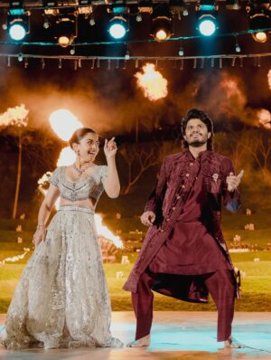 Rashmika Mandanna Instagram - The night filled with love, tears of joy, laughter, music, singing, glitters and us dancing through the night. ❤️

It was really the most fun night ever!! 

From Vijju and I wanting to surprise each other.. 
to 
family wanting to surprise us.. 
to 
being fully excited and surprised to see our families dance so freely and so so well! ❤️

@falgunishanepeacockindia!! Guys!!!!! The stunning piecesss!! Guys!! Amazing!! It was super heavy but I was still in it all night!!💃🏻💃🏻

24.2.26! 
The night Vijay and I danced as one, surrounded by the love of our families and friends! 🥰❤️