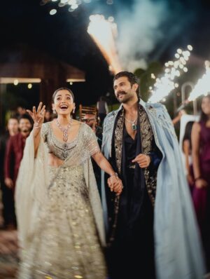 Rashmika Mandanna Instagram - The night filled with love, tears of joy, laughter, music, singing, glitters and us dancing through the night. ❤️

It was really the most fun night ever!! 

From Vijju and I wanting to surprise each other.. 
to 
family wanting to surprise us.. 
to 
being fully excited and surprised to see our families dance so freely and so so well! ❤️

@falgunishanepeacockindia!! Guys!!!!! The stunning piecesss!! Guys!! Amazing!! It was super heavy but I was still in it all night!!💃🏻💃🏻

24.2.26! 
The night Vijay and I danced as one, surrounded by the love of our families and friends! 🥰❤️