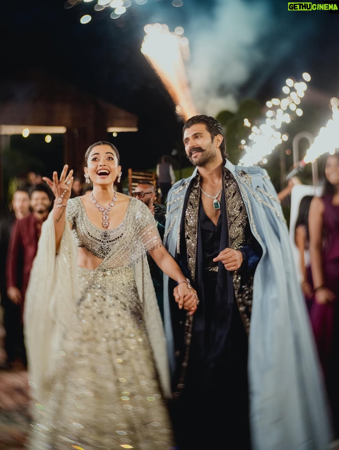 Rashmika Mandanna - 6.7 Million Likes - The night filled with love, tears of joy, laughter, music, singing, glitters and us dancing through the night. ❤️

It was really the most fun night ever!! 

From Vijju and I wanting to surprise each other.. 
to 
family wanting to surprise us.. 
to 
being fully excited and surprised to see our families dance so freely and so so well! ❤️

@falgunishanepeacockindia!! Guys!!!!! The stunning piecesss!! Guys!! Amazing!! It was super heavy but I was still in it all night!!💃🏻💃🏻

24.2.26! 
The night Vijay and I danced as one, surrounded by the love of our families and friends! 🥰❤️