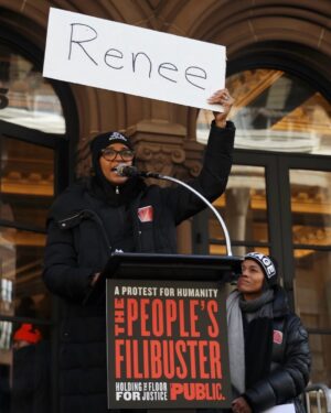 Renée Elise Goldsberry Instagram - I was honored to share space at the @PublicTheaterNY yesterday, giving voice to a poem written by Renee Nicole Good.

Bearing witness is only one step.

The work continues.
#PeoplesFilibusterNYC