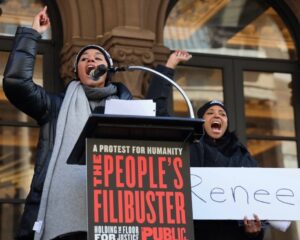 Renée Elise Goldsberry Instagram - I was honored to share space at the @PublicTheaterNY yesterday, giving voice to a poem written by Renee Nicole Good.

Bearing witness is only one step.

The work continues.
#PeoplesFilibusterNYC