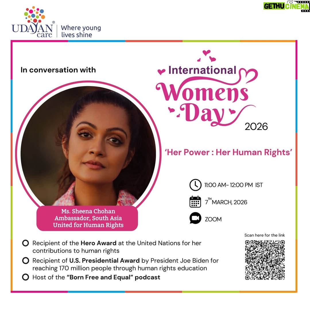 Sheena Chohan - 2.1K Likes - Honoured to be part of the initiative by @udayancare -‘Her Power: Her Human Rights’, an organization dedicated to advocating for the rights of children and youth.

On 7th March, I’ll be speaking at a Seminar and workshop  with 100  youth, sharing knowledge about their basic rights, equality, and the power of education and awareness. Conversations like these are where real change begins.

Let’s choose to empower and be empowered every single day — not just on Women’s Day.

#SheenaChohan #WomenEmpowerment #EmpowerWomen #WomenSupportingWomen #RightsOfGirls GirlsEducation VoiceForChange WomenSafety InspireChange UdayanCare EqualityForAll WomenLeadership BeTheChange StrongerTogether ActressForChange