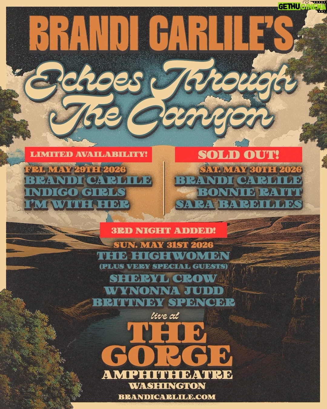 Sheryl Crow - 13.3K Likes - I called the girls y’all 
They’re all in! 

@thehighwomen are gonna rock The Gorge to end our wild weekend with a little help from our girlfriends @sherylcrow @wynonnajudd and @brittneyspencer 
 
It’s gonna be a barn burner and when The Highwomen roll in you never know who’s gonna show up! I bet you can count on some special guests 

Don’t pack up that tent yet pals, we’re doing Sunday!! Let’s make it a weekend 
Xobc

——

🎟️ 

The Bramily presale begins Wed, Feb 11th at 10am with unique codes. You can find them in your Bramily account at bramily.com or you can upgrade to get one!

The Brandi Carlile presale is on Thurs, Feb 12th at 10am PT. A code will be emailed to you - sign up to the newsletter via the link in bio!

The general onsale will be on Fri, Feb 13th at 10am PT.

More info via the links in bio!