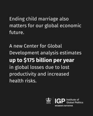 Sheryl Sandberg Instagram - Child marriage remains one of the most urgent, preventable violations of the rights of women and girls. On top of the human cost, a new report from the @ColumbiaIGP Women’s Initiative, with analysis from @cgdev_, estimates the cost of inaction at $175 billion per year.

Read the report at the link in @ColumbiaIGP’s bio.