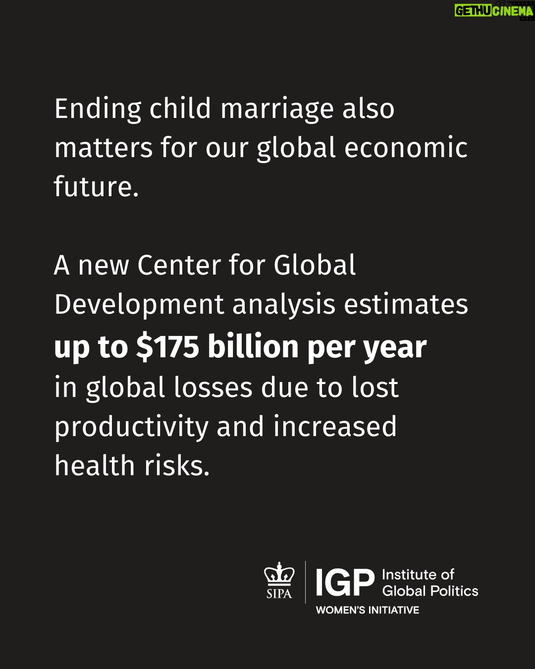 Sheryl Sandberg - 3.6K Likes - Child marriage remains one of the most urgent, preventable violations of the rights of women and girls. On top of the human cost, a new report from the @ColumbiaIGP Women’s Initiative, with analysis from @cgdev_, estimates the cost of inaction at $175 billion per year.

Read the report at the link in @ColumbiaIGP’s bio.
