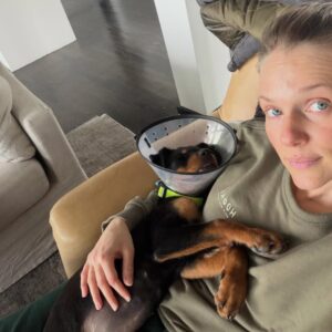 Tracy Spiridakos Instagram - You guys, this is Cali :) She was surrendered to a city shelter in California by her owner with a degloving injury, (when the skin is separated from the jaw bone) and was listed as an at risk pup. When my wonderful friend @kingaphilipps told us about her, Jesse and I knew right away we were adopting her. Problem was, we weren’t in California, couldn’t get back for a few days and this girl needed help right away. Kinga introduced us to Janay from @ashtreeranchrescue and she was incredible! She arranged for Cali to be picked up from the shelter and taken to a veterinary hospital for surgery. Then she took care of her for us until we could get back to California. Janay, thank you for all that you did for us, for Cali and for all the work you do at @ashtreeranchrescue you’re amazing. Kinga, thank you for bringing Cali into our lives. Cali, welcome to the family baby girl ❤️🐾