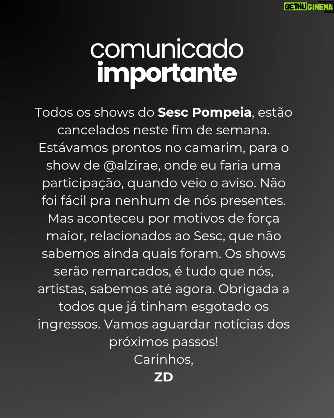Zélia Duncan - 10.2K Likes - Obrigada a todos que já tinham esgotado os ingressos. Vamos aguardar notícias dos próximos passos!
Carinhos,
ZD

@_alzirae @sescpompeia @sortimentoproducoes